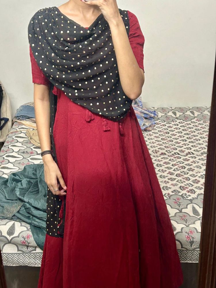Red Maxi Dress With Attached Dupatta