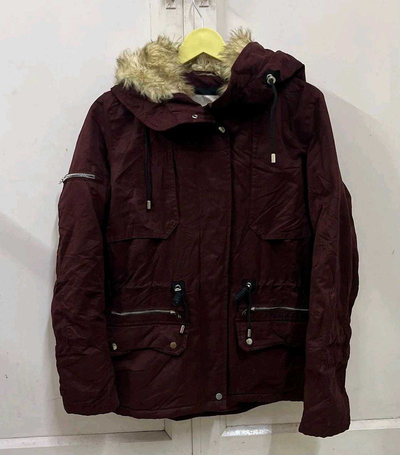 Maroon Fur Hooded Jacket