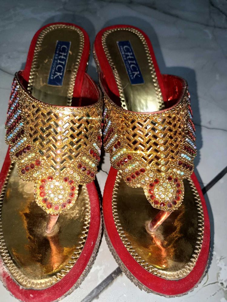 Red &amp; Gold Ethnic Flats sandal chappal