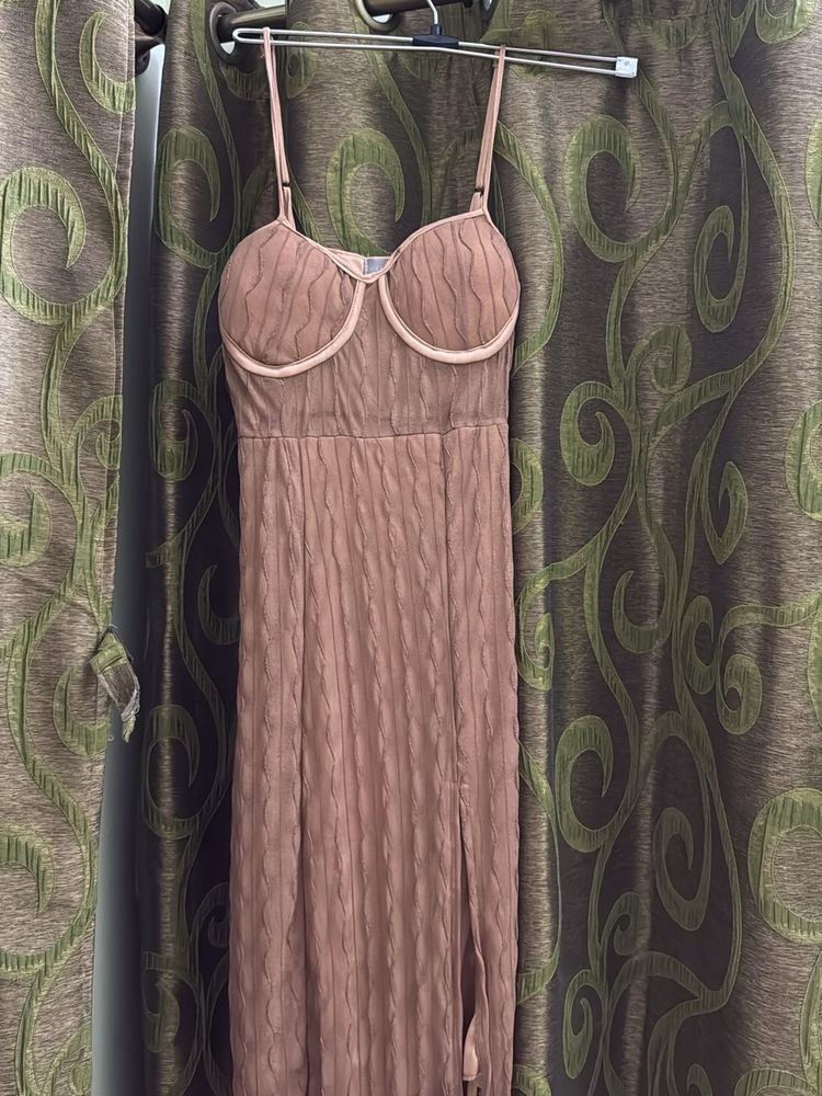 Nude Calf Length Date Dress
