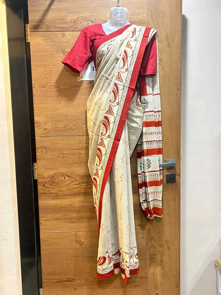 Red and Off-white Bengal Handloom silk Saree