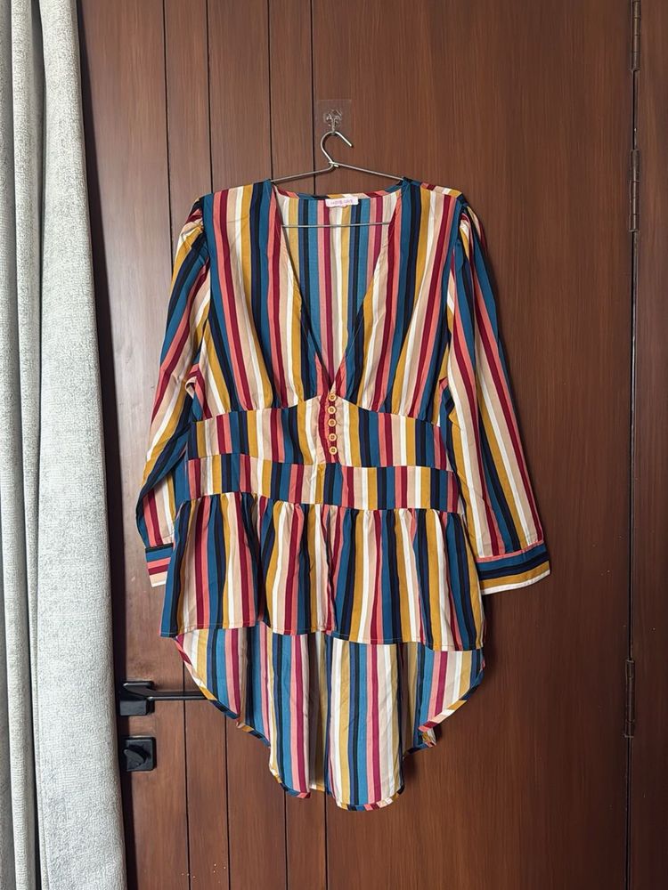 Striped V-Neck High Low Pattern Top