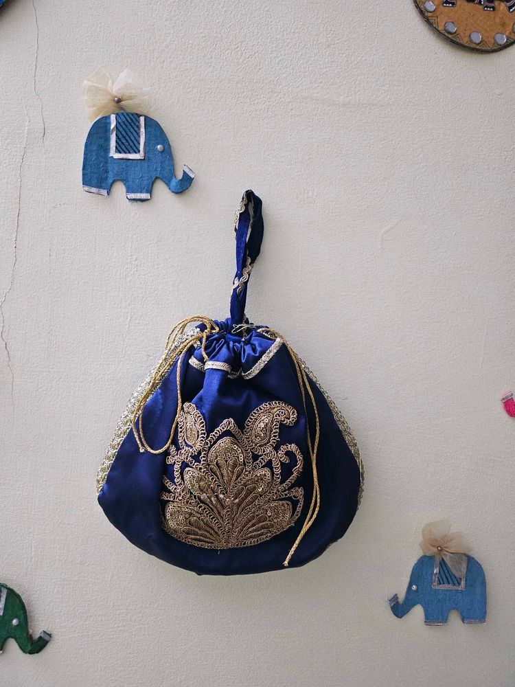 Elegant Blue Embroidered Pouch