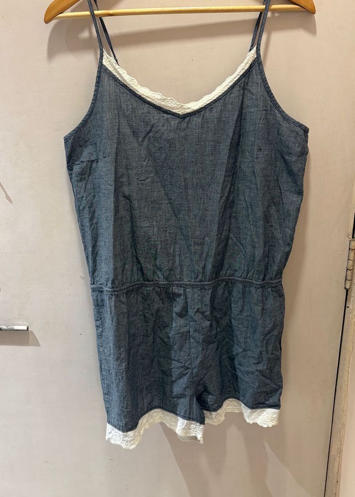 Denim Lace Trim Romper