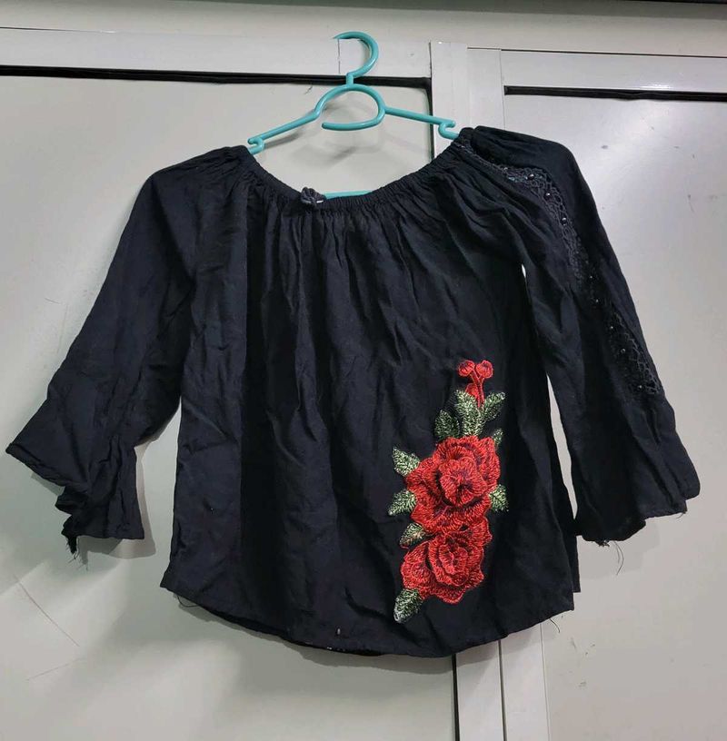 Embroidered Black Crop Top