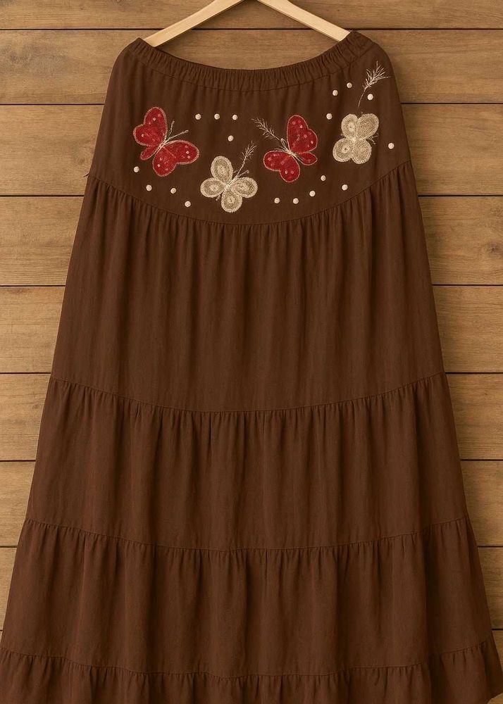 Brown Embroidered Maxi Skirt