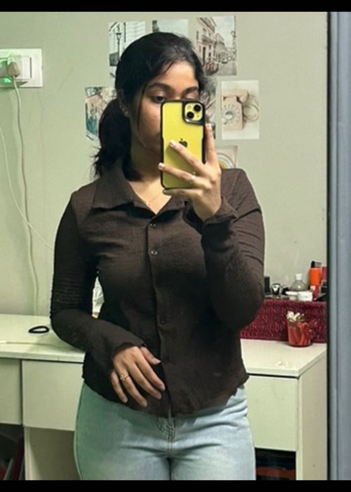 Dark Brown Fitted Shirt From Shein