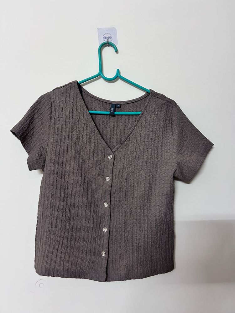 Brown Button-Down Short Sleeve Top