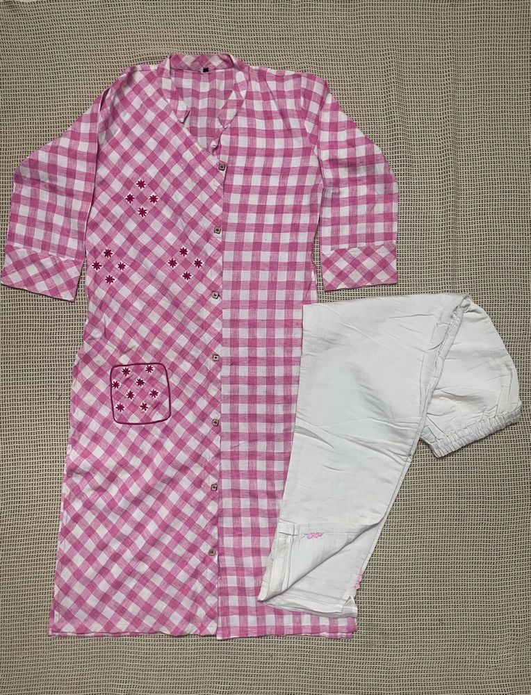 Pink Checkered Kurti Set