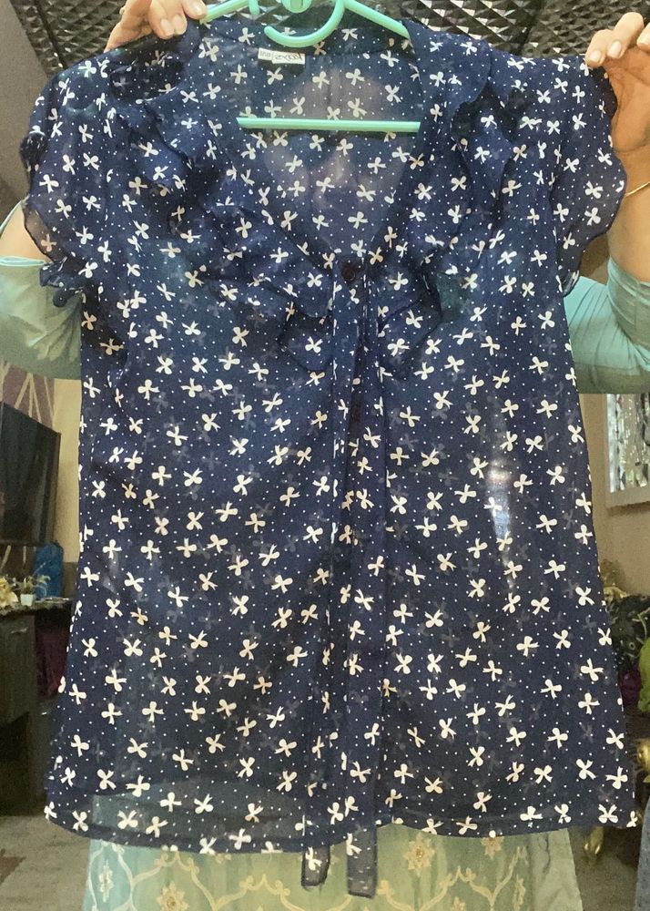 Cute Navy Bow Print Top