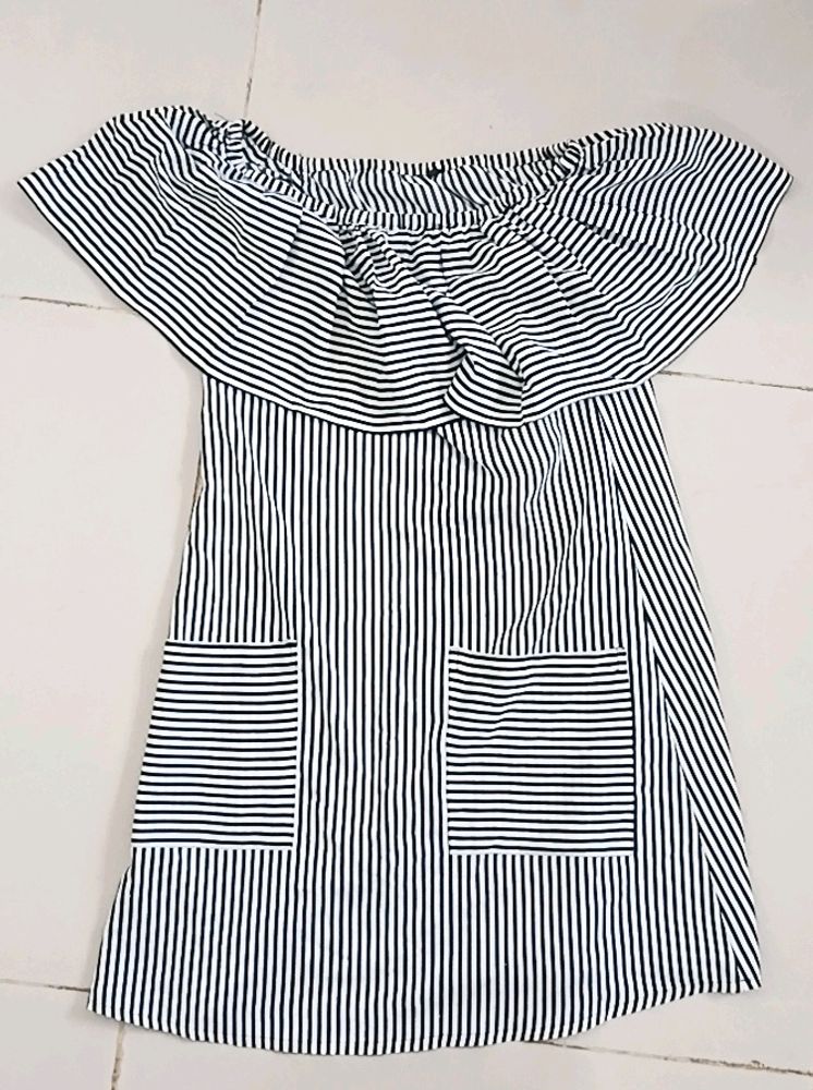 Cute, Striped, Off Shoulder Dress, Black And White, Frayed Hemm Dress