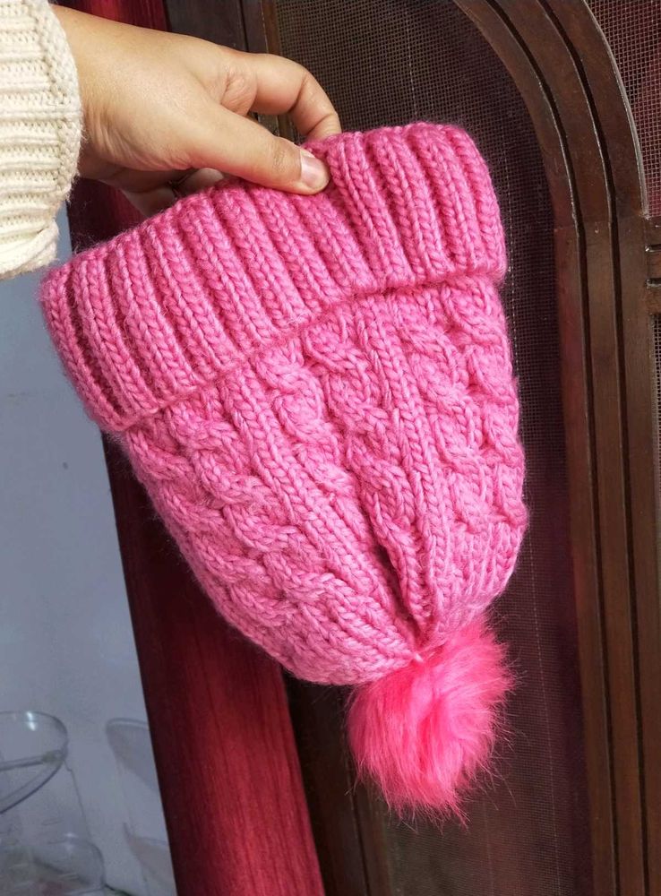 Pink Knitted Beanie with Pom Po