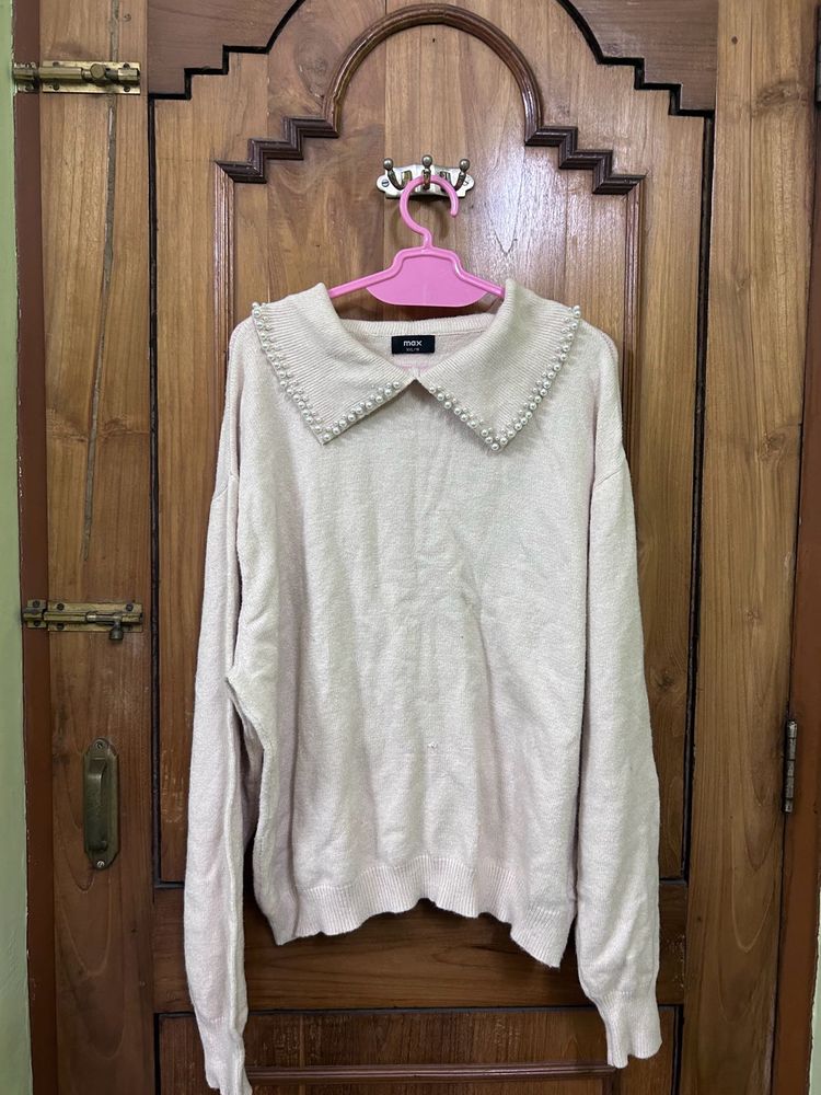 Beige Max Pearl Peterpan Collar Sweater