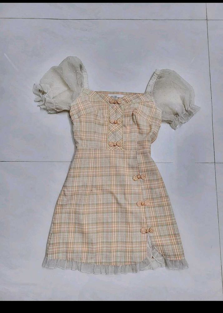 Imported Plaid Puff Sleeve Dress