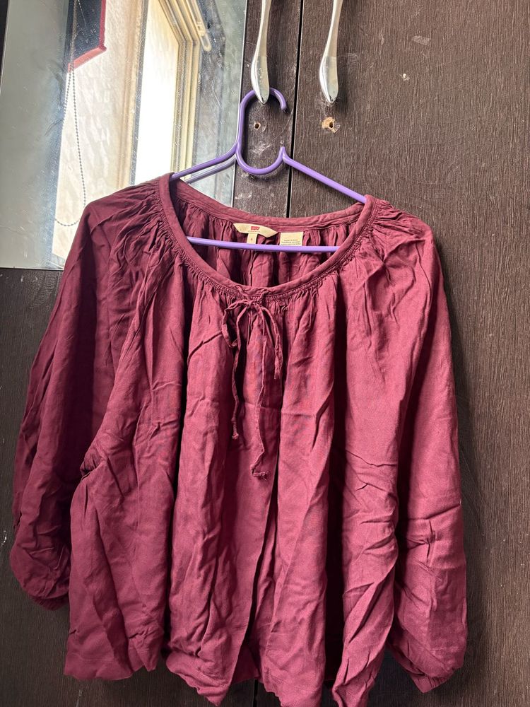 Maroon Rayon Boho Peasant Casual Blouse