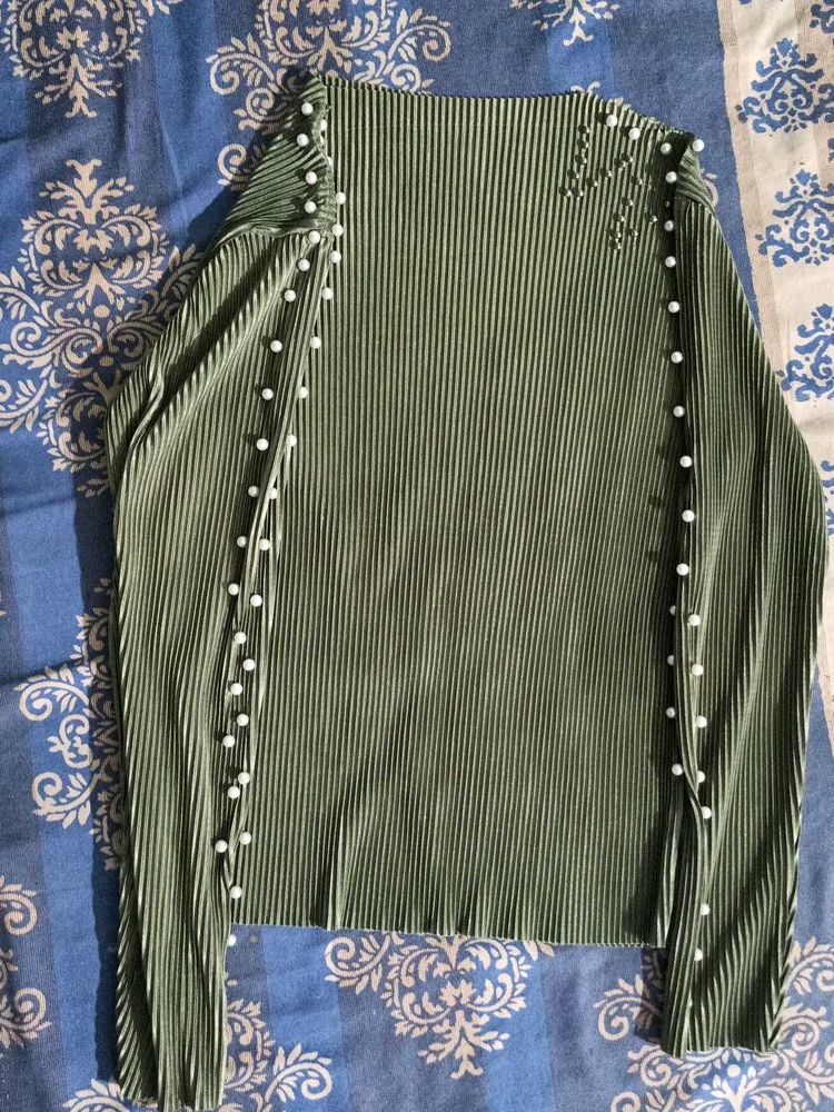 Olive Green Pearl Embellished Top