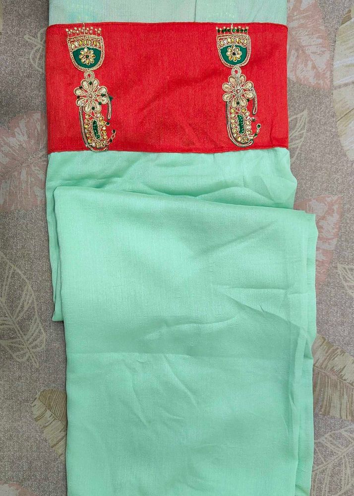 Mint Green Saree &amp; Red stitched Blouse