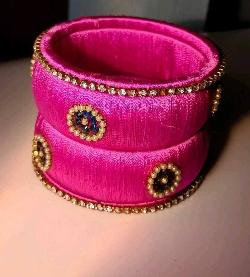 Pink Embellished Silk Bangles - Set of 2