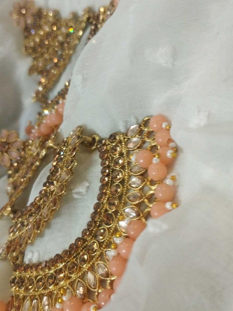 Peach  Pearls With Combination Of Golden Work,