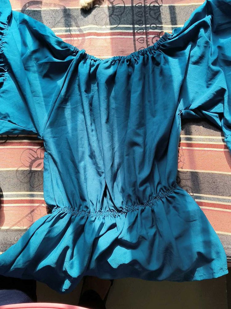 Blue Ruffle Sleeve Top