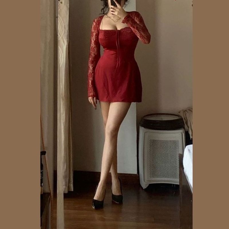 Burgundy Lace Long Sleeve Mini Dress