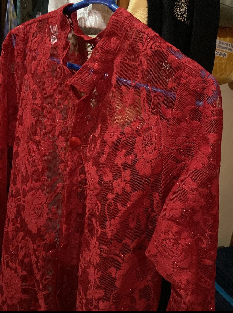 Red Floral Lace Button-Up Top