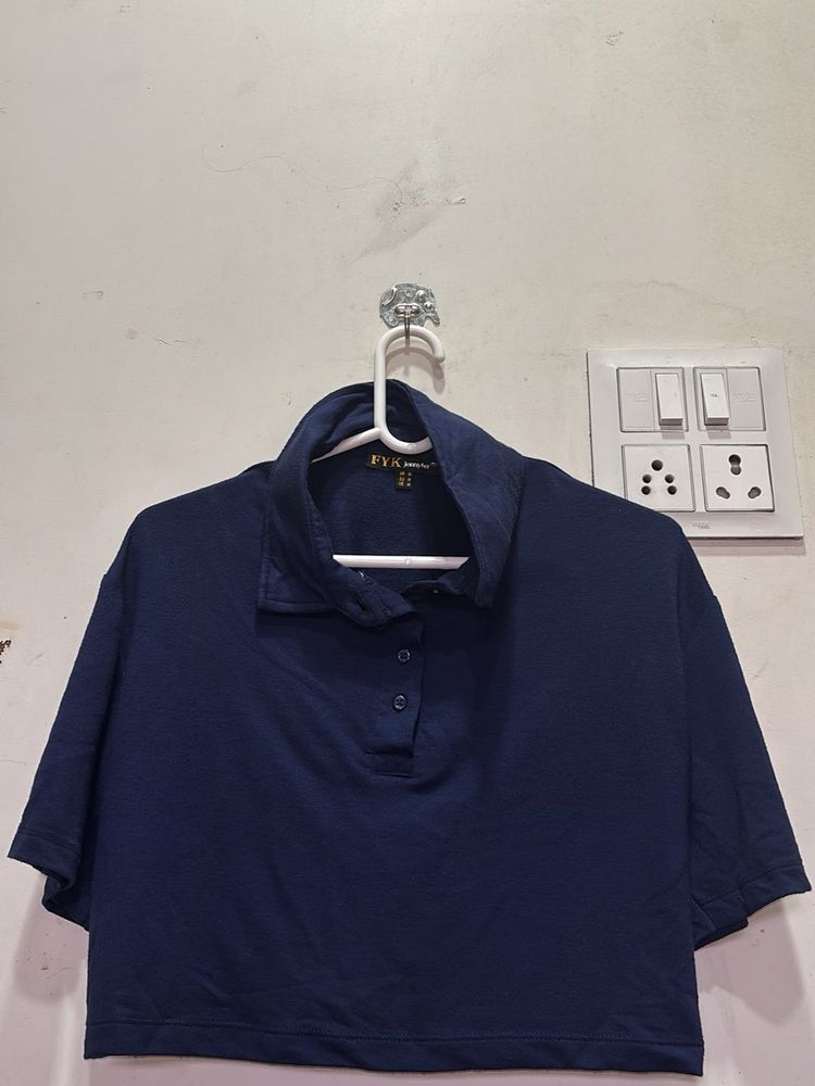 Navy Blue Crop Polo Top