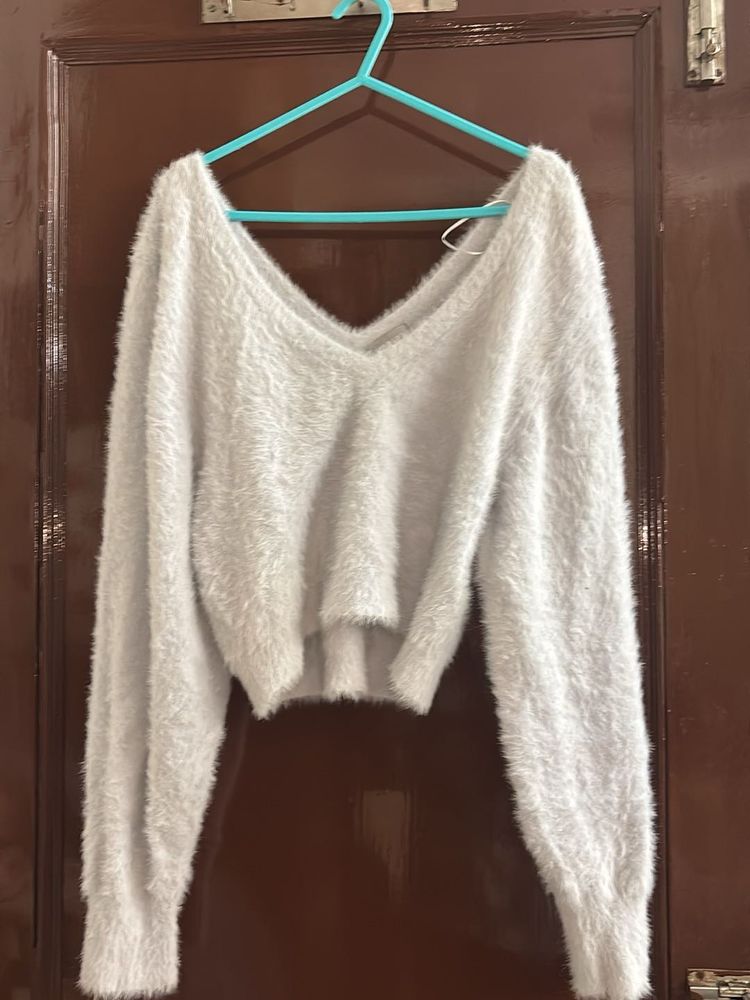 Fluffy Cropped V-Neck Sweater