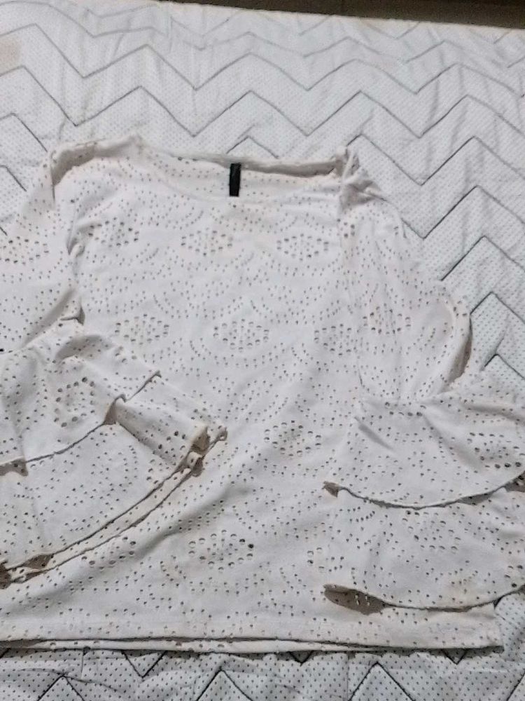 White Eyelet Ruffle Sleeve Top