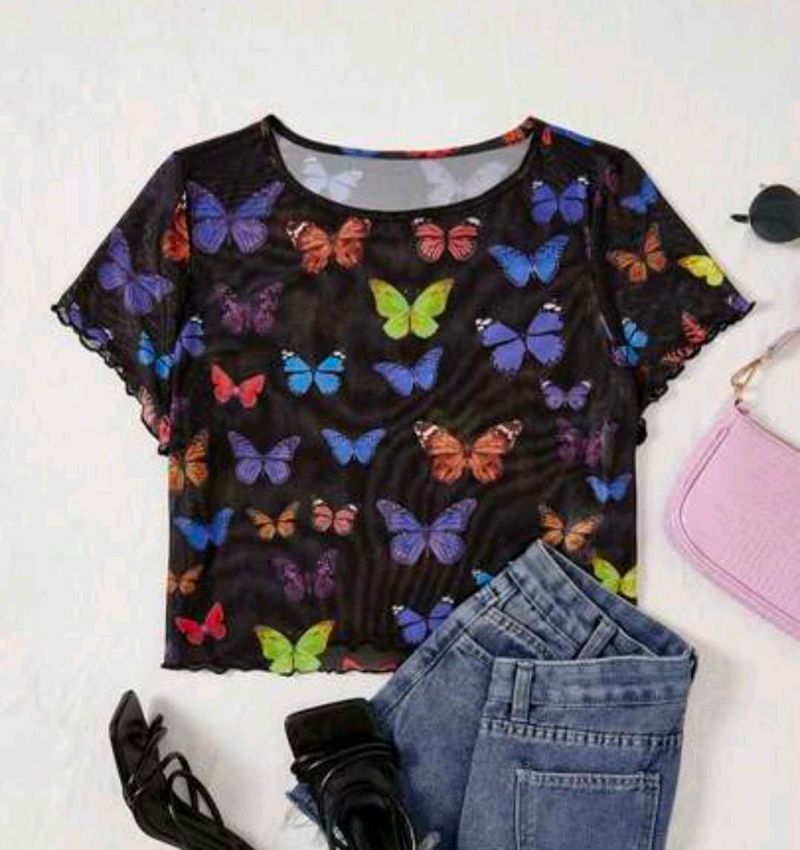 Shein Butterfly Print Mesh Top