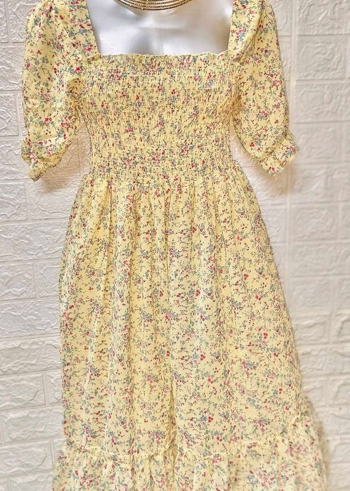 Mini Floral Print Yellow Midi Size Dress