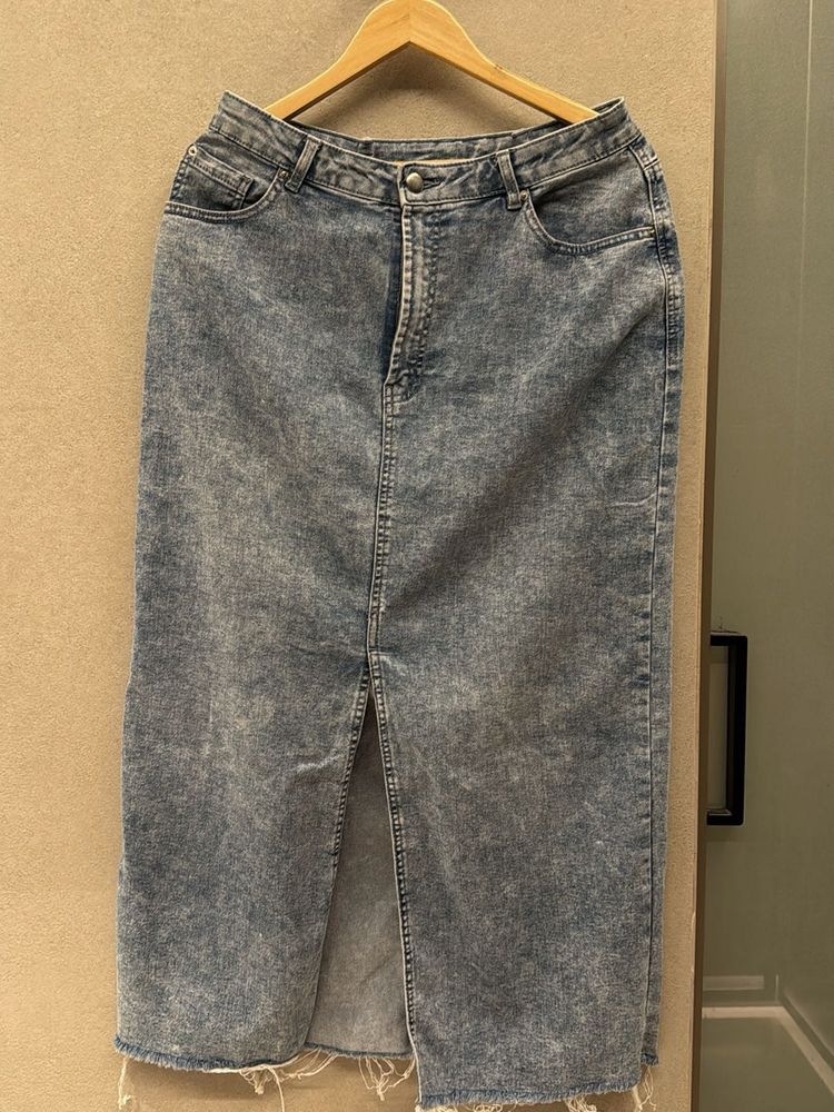 Acid Wash Denim Midi Skirt