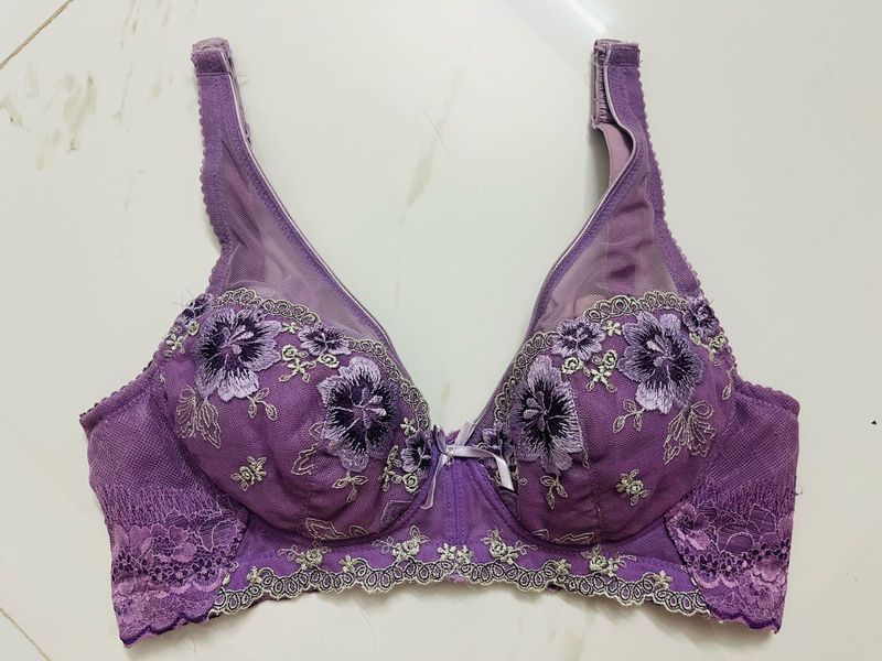 Floral Embroidered Purple Bra