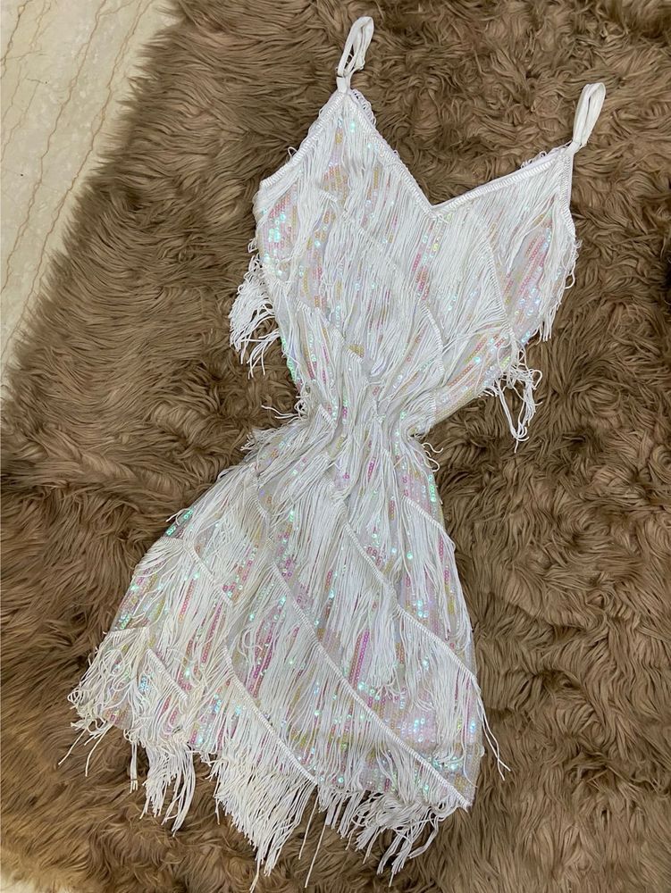 Luxury Couture White Fringe Mini Dress