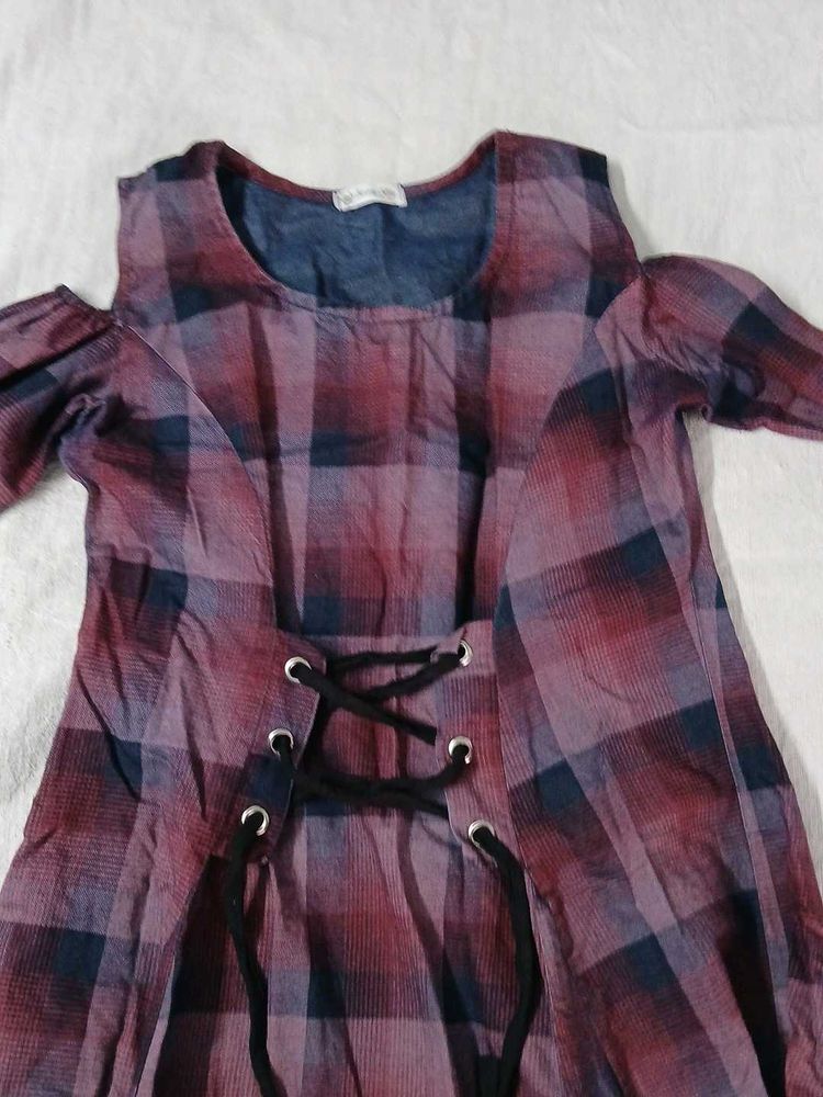Red Plaid Cold Shoulder Dress