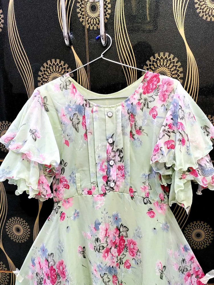 Pastel Green Floral Ruffle Dress