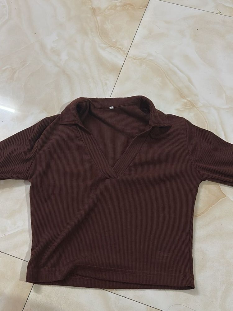 Brown Ribbed Crop Top
