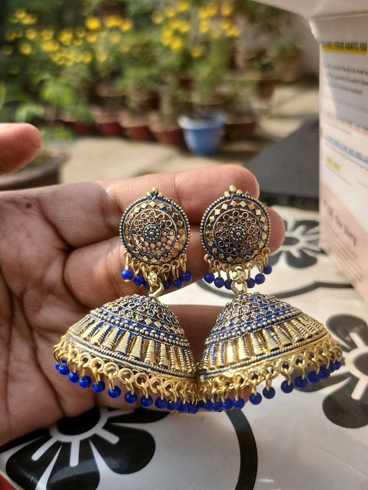 Blue &amp; Gold Jhumka Earrings