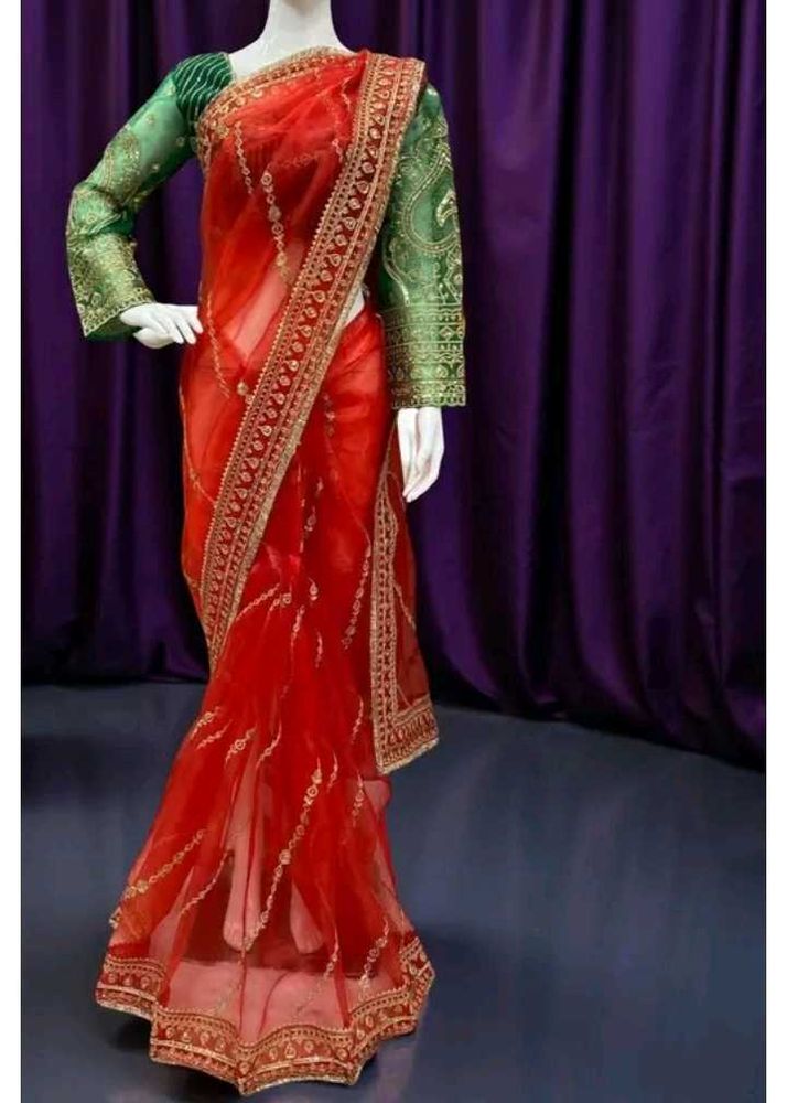 Red &amp; Gold Embroidered Saree