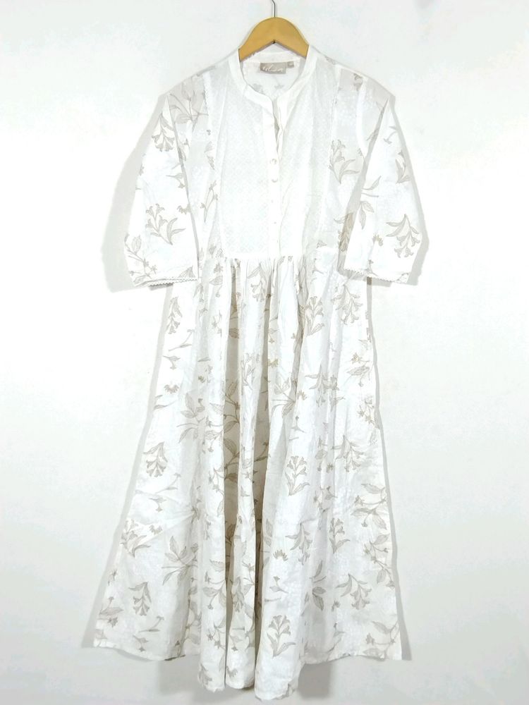 Utsa White Floral Printed Umbrella Kurti (Women)