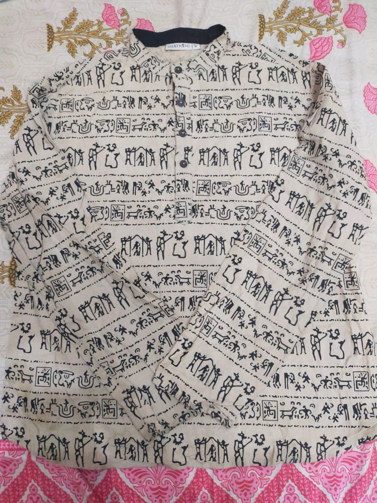 Men Printed Pure Cotton Straight Kurta (Beige)