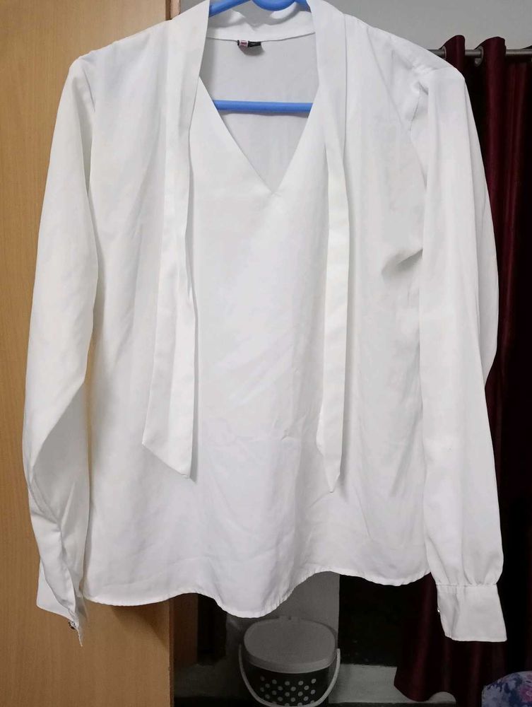 White Tie-Neck Blouse