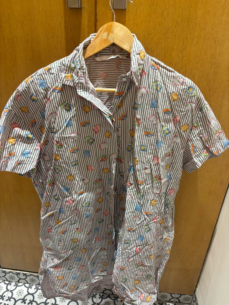 Striped Button-Up Shirt with Book Print