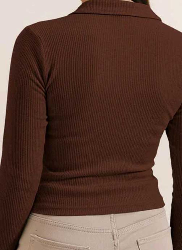 Brown Ribbed Long Sleeve Top