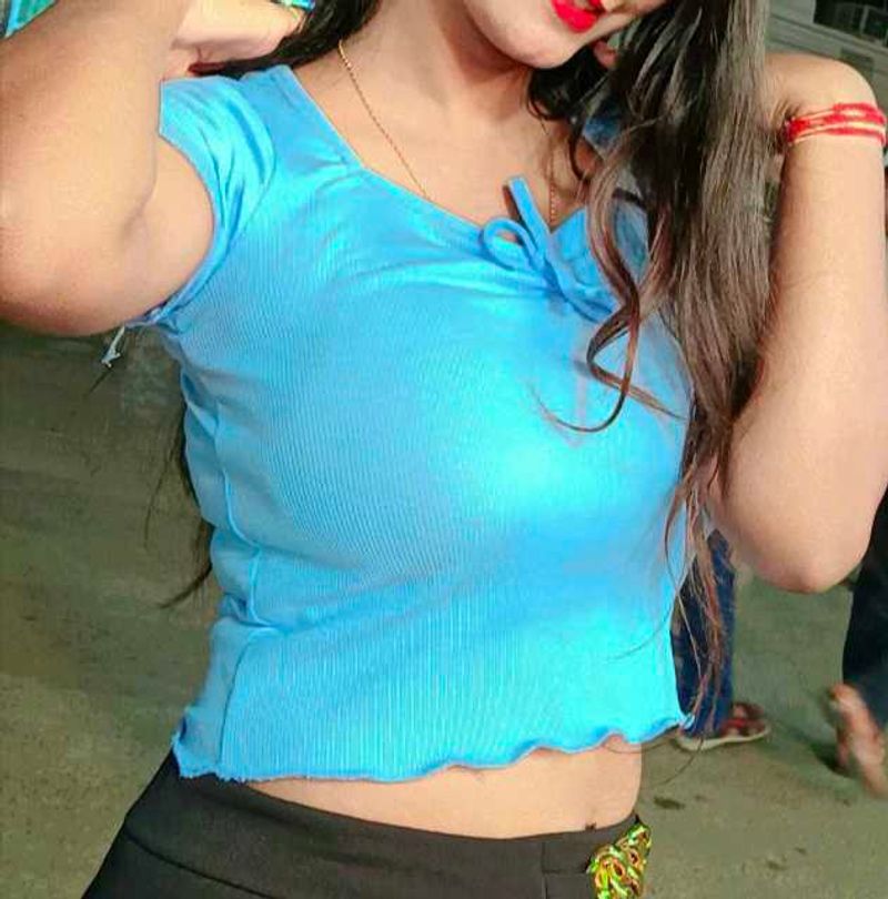 Cute Blue Ribbed Crop Top