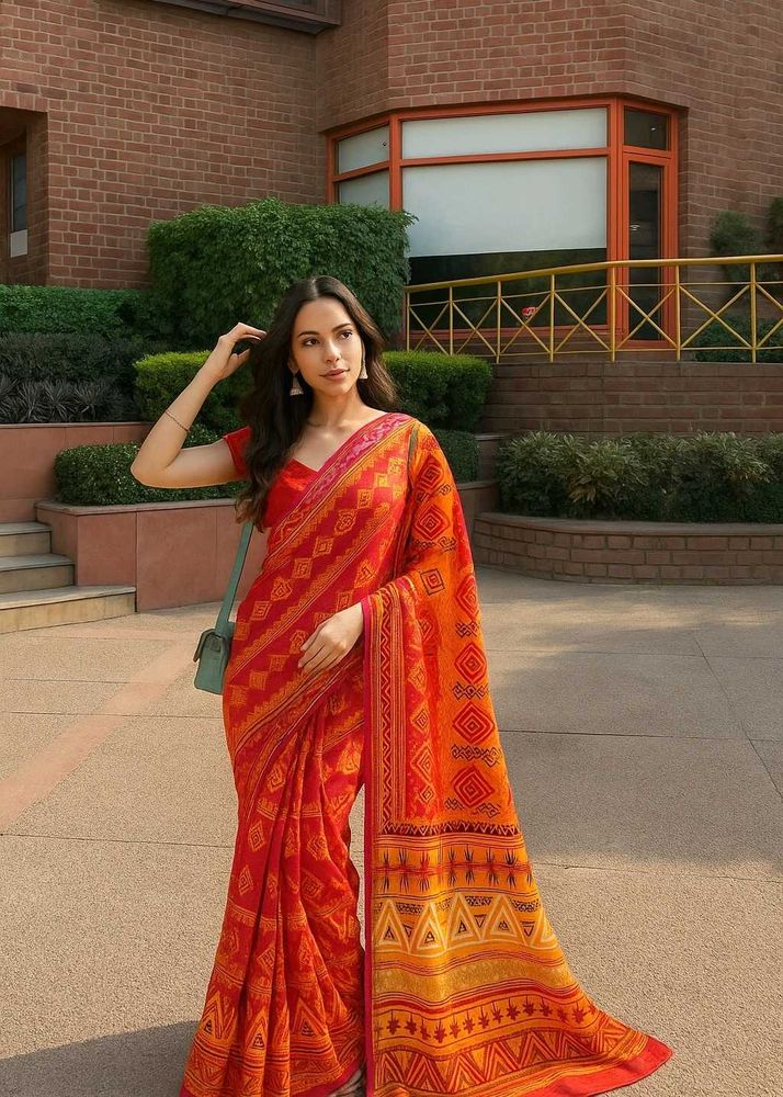 🧡✨Stunning Red &amp; Orange Printed Saree