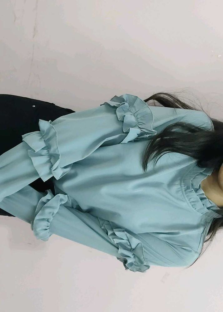 Blue Ruffled Long Sleeve Blouse