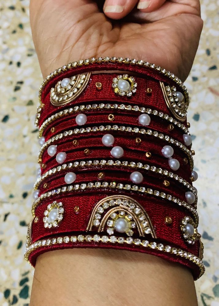 Silk Thread Red &amp; Pearl Bangles