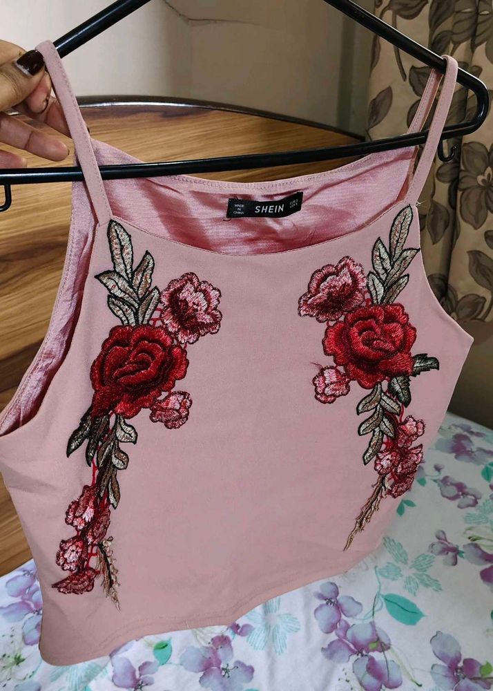 Pink Floral Embroidered Crop Top
