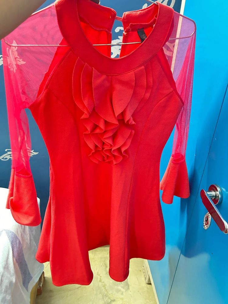 Dark Pink Fit &amp; Flare Dress with Sheer Sleeves